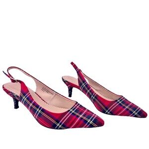 Isaac Mizrahi New York Tartan Red Plaid Slingback Kitten Heels Womens 8 Holiday
